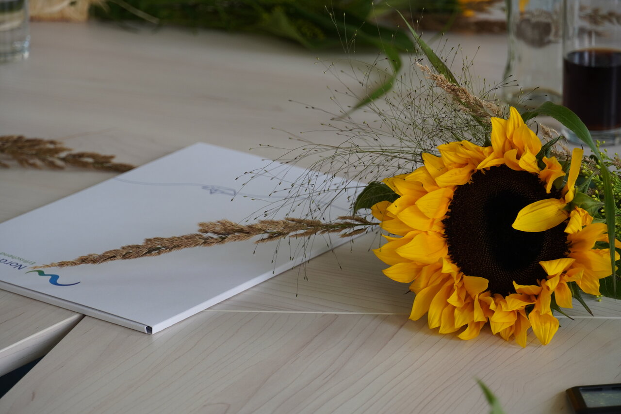 Zeugnis mit Sonnenblume liegen auf einem Tisch